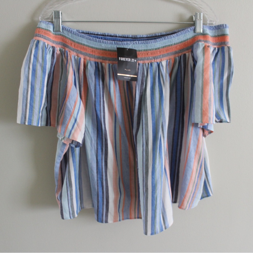 Forever 21 Blue Striped Off the Shoulder Top